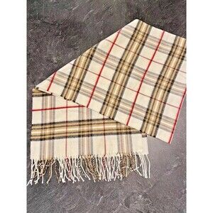 NWOT V.Fraas Cashmink Scarf Made In Germany Unisex Camel Plaid Fringed 15.5”x69”